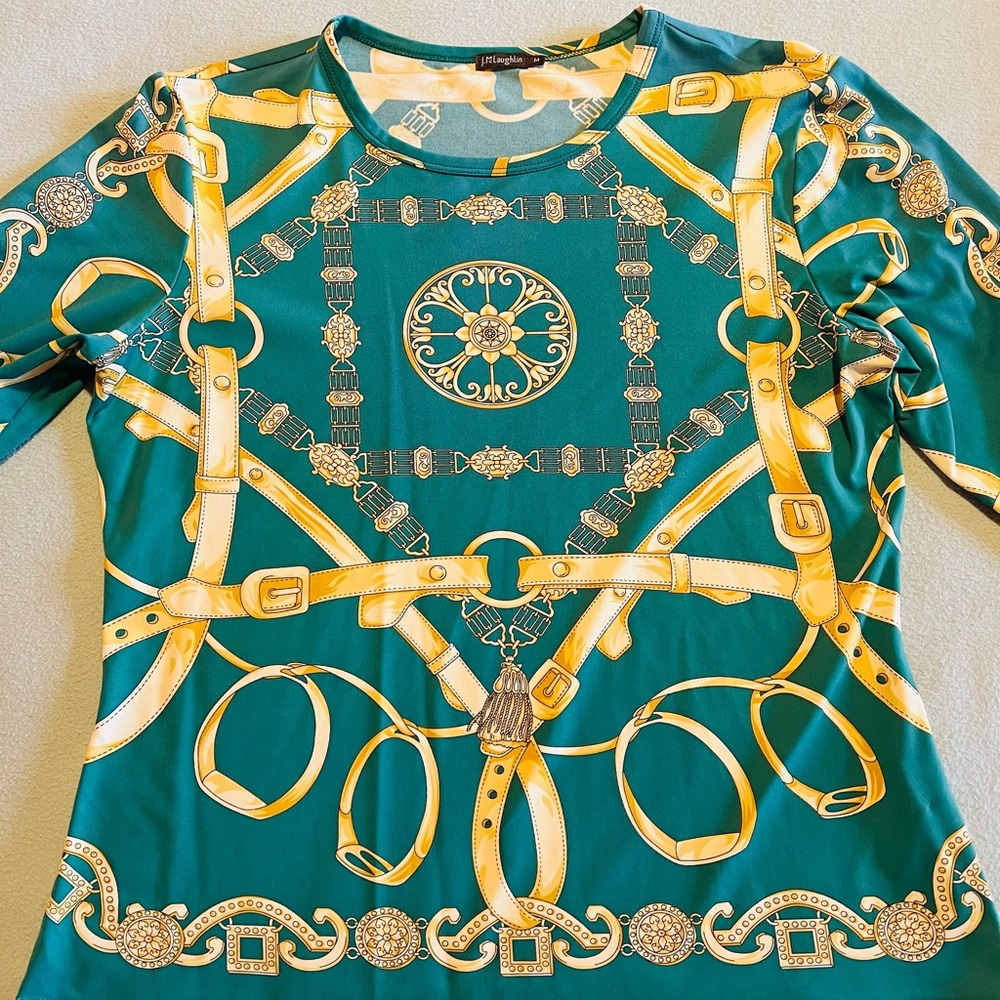 J. McLaughlin Green and White Patterned Top
